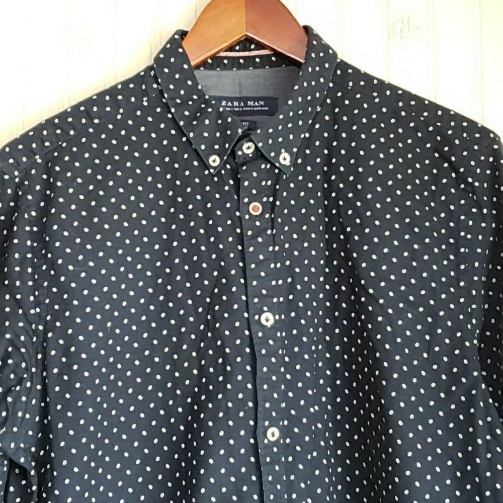 Zara Man Shirt Mens Large Blue Polka Dot Long Sleeve Slim Fit Button-Up Casual